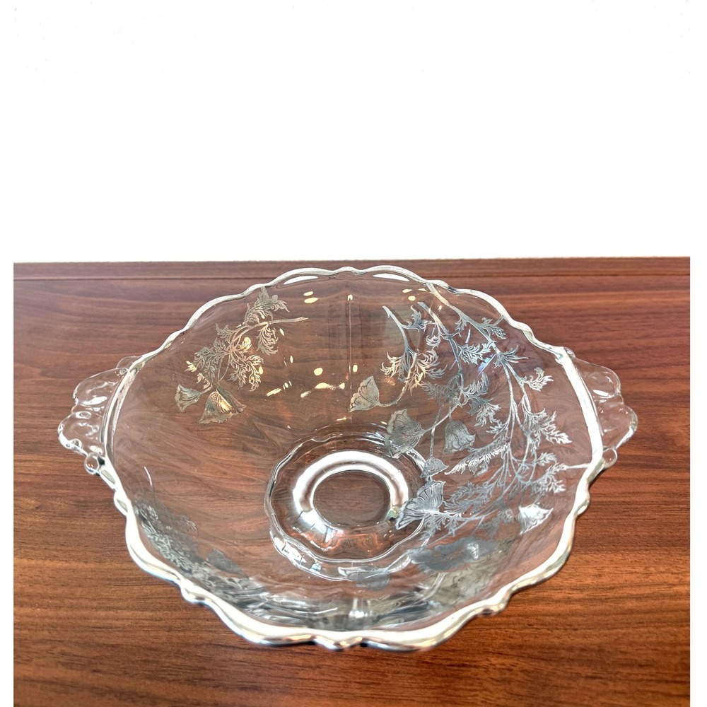 Flanders Clear Silver City 7" Footed Bowl Floral Silver Overlay Scalloped‎ Edge